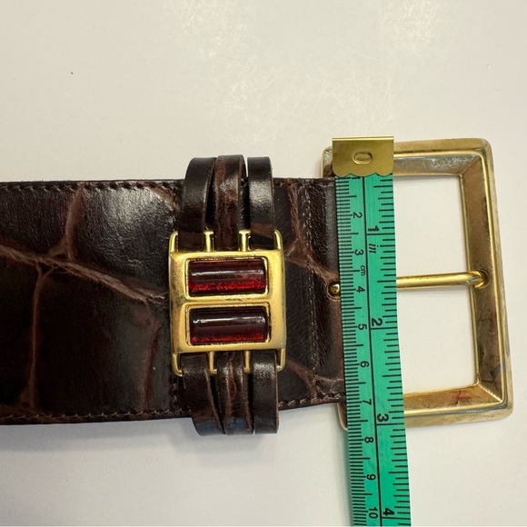 Linea Pelle Wide Croc Embossed Leather Belt Rhinestone Vintage Ruby Red -Fall 24 - Picture 6 of 11